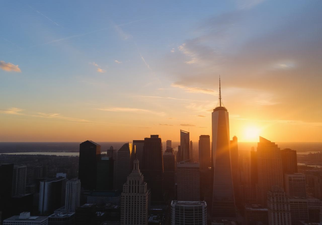 City skyline at sunset