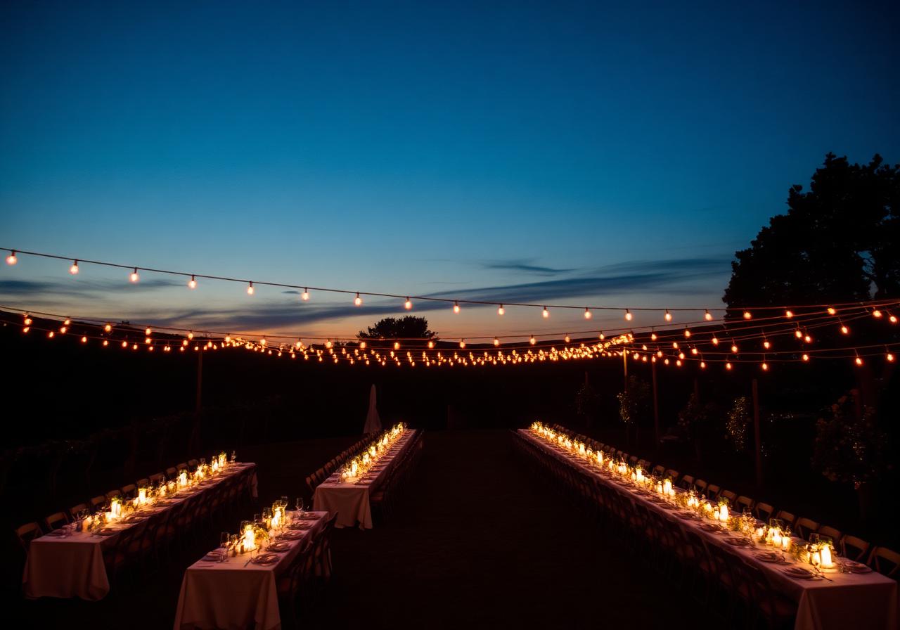 Outdoor wedding reception under string lights at dusk