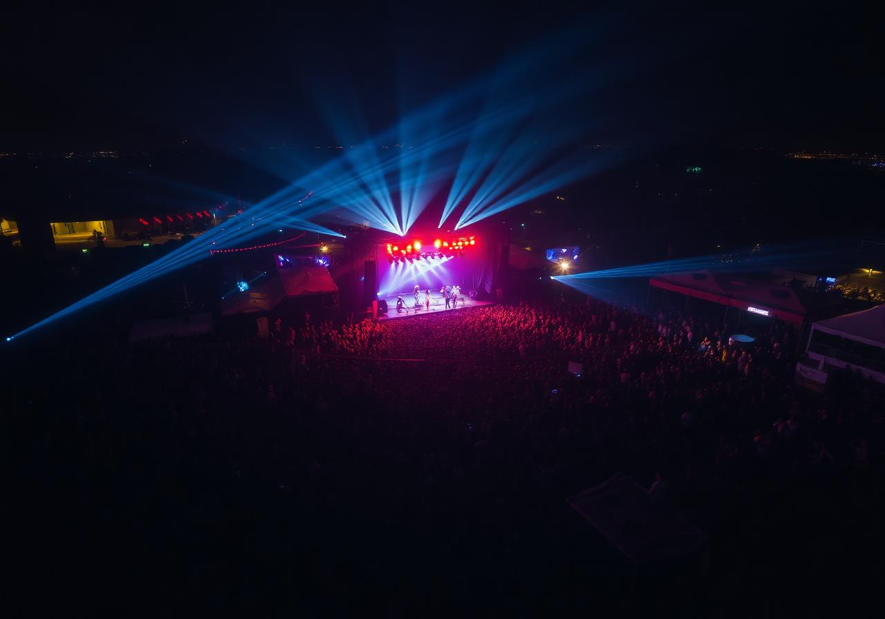 Music festival stage with light beams at night