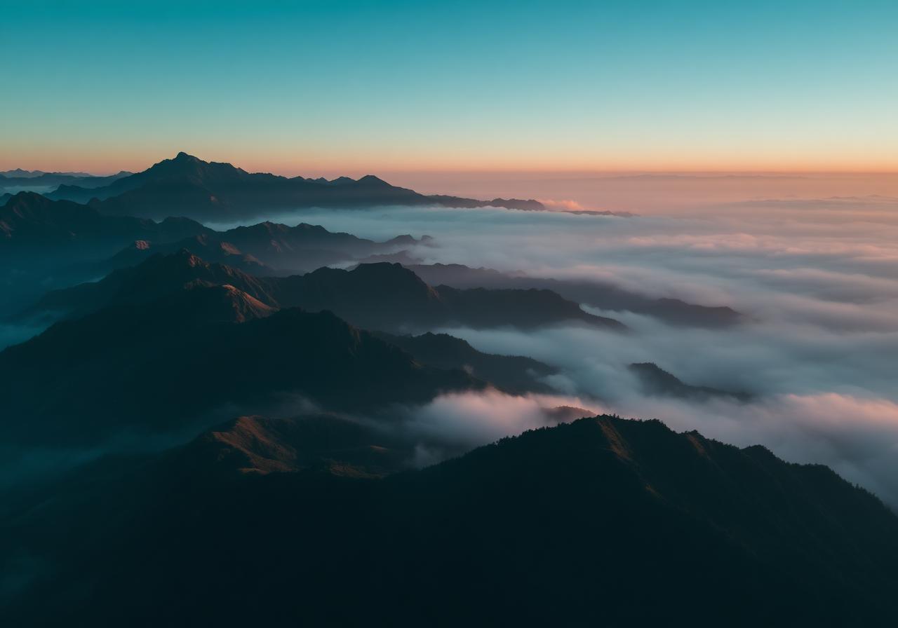 Misty mountain ridges at sunrise