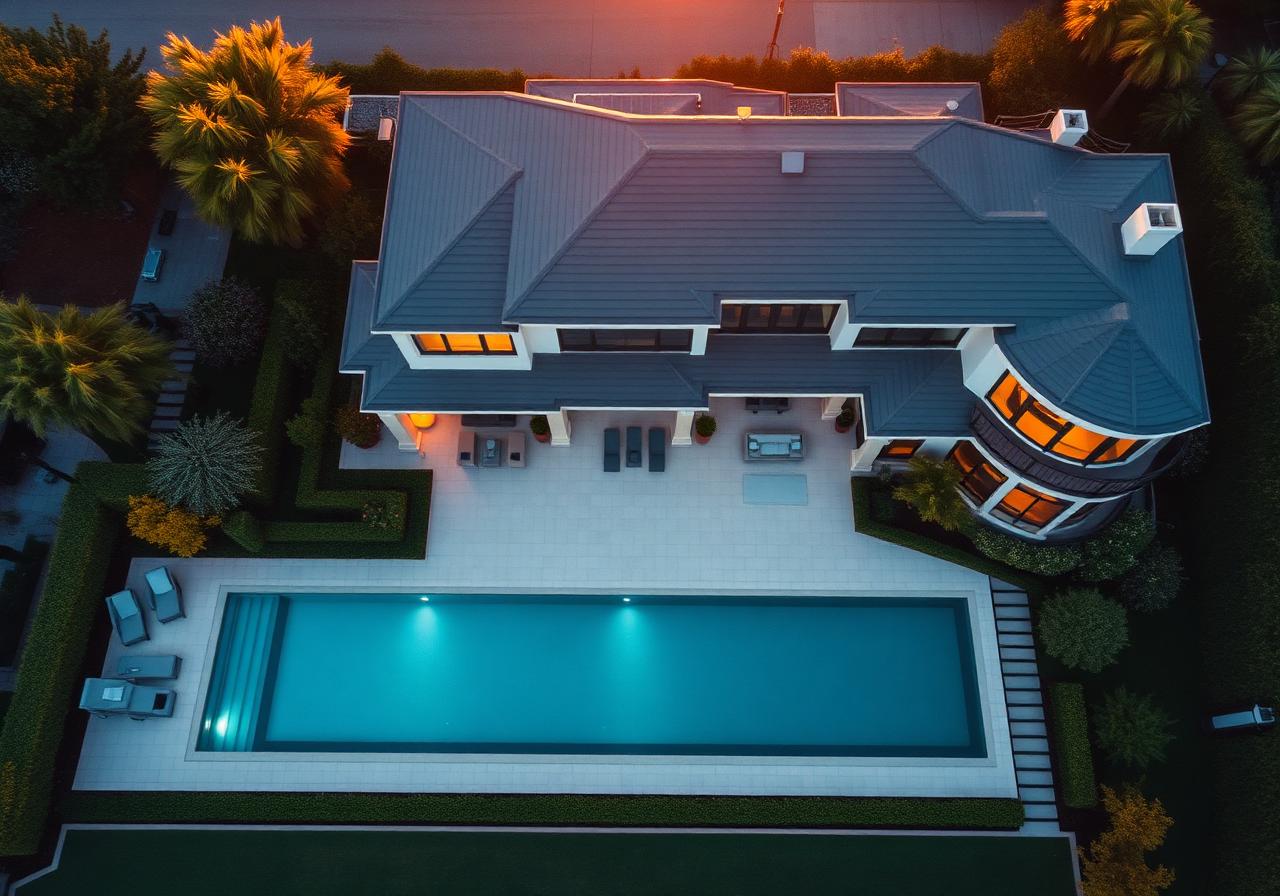 Modern luxury estate with infinity pool at golden hour