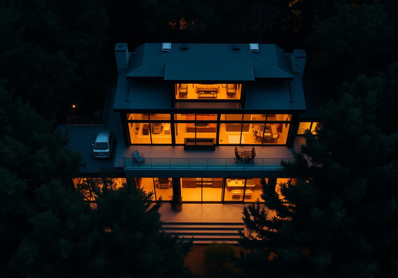 Contemporary glass home glowing in the forest at twilight