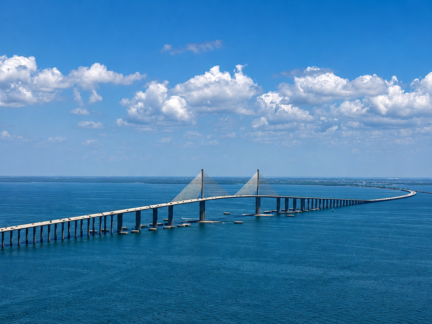 Aerial view of Sunshine Skyway Bridge over turquoise bay